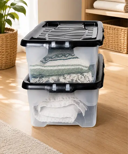 Pack of 2 Underbed Clear Plastic Storage Boxes – Stackable Containers with Black Lids