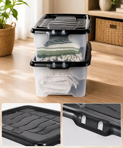 Pack of 2 Underbed Clear Plastic Storage Boxes – Stackable Containers with Black Lids