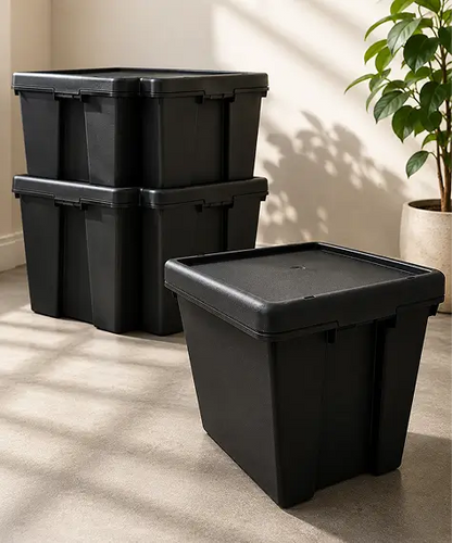 Extra Large Heavy-Duty Black Storage Containers – Stackable & Nestable Impact-Resistant Boxes with Lids