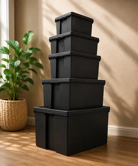 Extra Large Heavy-Duty Black Storage Containers – Stackable & Nestable Impact-Resistant Boxes with Lids
