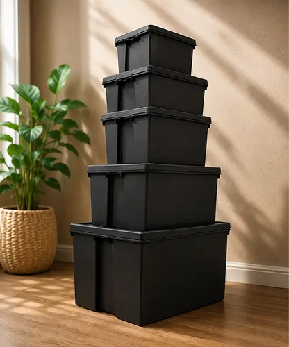 Extra Large Heavy-Duty Black Storage Containers – Stackable & Nestable Impact-Resistant Boxes with Lids