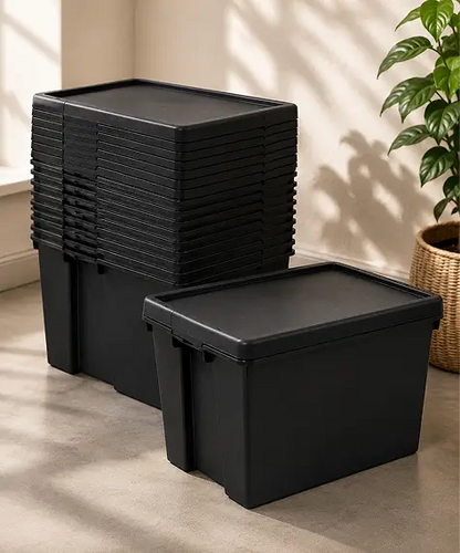 Extra Large Heavy-Duty Black Storage Containers – Stackable & Nestable Impact-Resistant Boxes with Lids