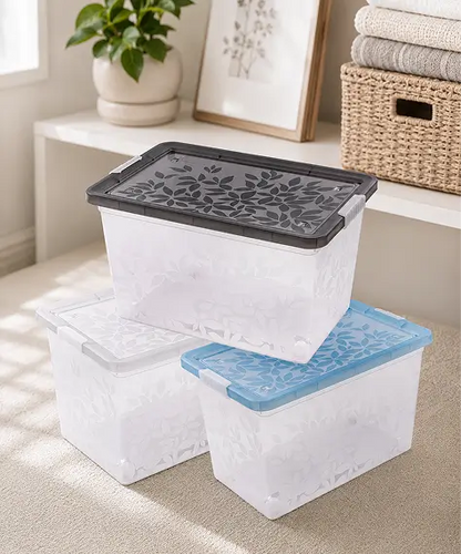 Elegant Jasmine Leaf Design Stackable Plastic Storage Boxes – Strong Containers with Clip-Lock Lids
