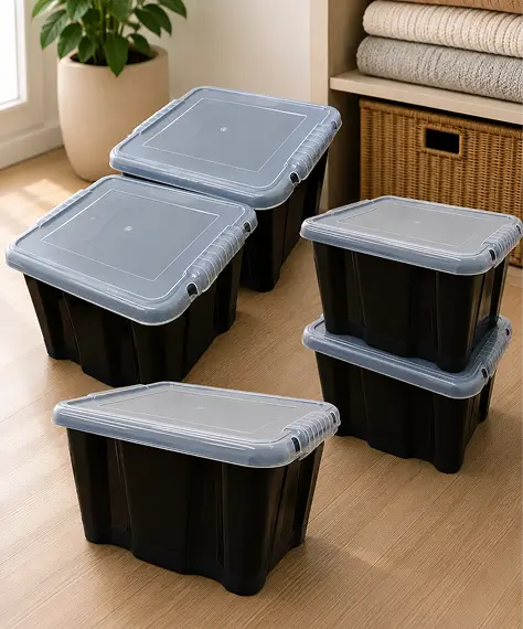 Set of 5 x 24L Strong Plastic Storage Containers – Black Base Boxes with Clear Lids for Home & Office