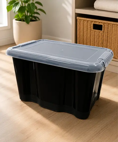 Set of 5 x 24L Strong Plastic Storage Containers – Black Base Boxes with Clear Lids for Home & Office