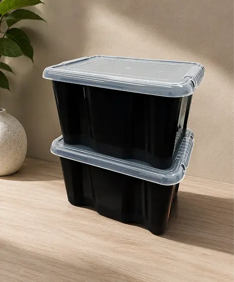 Set of 5 x 24L Strong Plastic Storage Containers – Black Base Boxes with Clear Lids for Home & Office