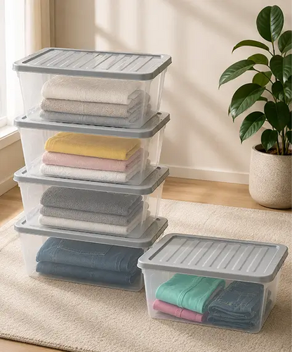 Set of 5 Large 62L Clear Plastic Storage Boxes – Home & Office Containers with Silver Lids