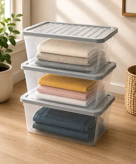 Set of 5 Large 62L Clear Plastic Storage Boxes – Home & Office Containers with Silver Lids