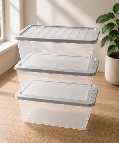 Set of 5 Large 62L Clear Plastic Storage Boxes – Home & Office Containers with Silver Lids