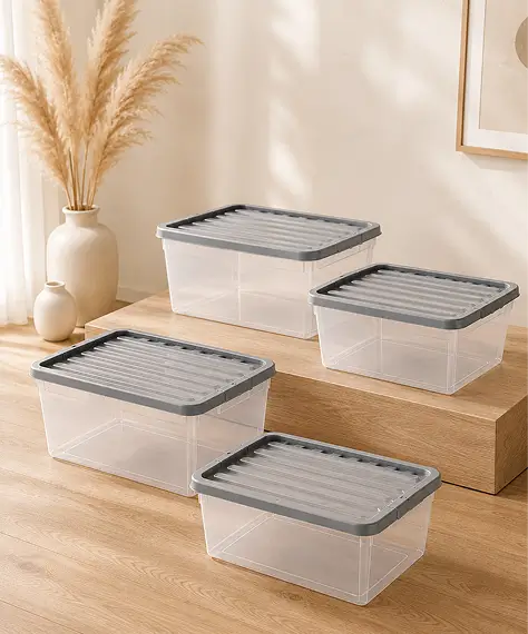 Set of 4 Underbed 32L Plastic Storage Containers – Home & Office Organisers with Silver Lids