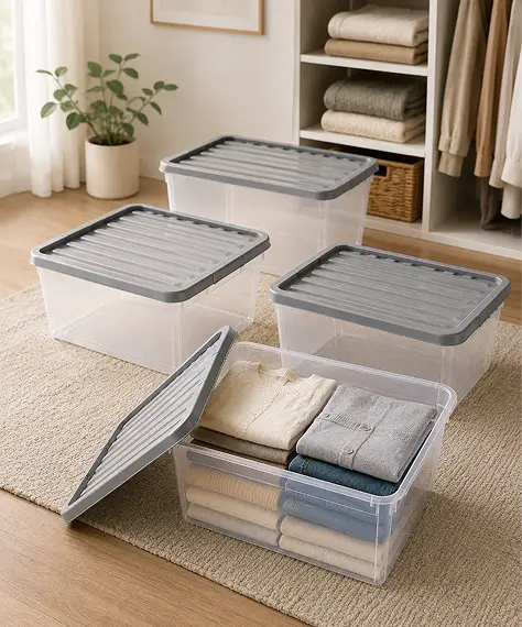 Set of 4 Underbed 32L Plastic Storage Containers – Home & Office Organisers with Silver Lids