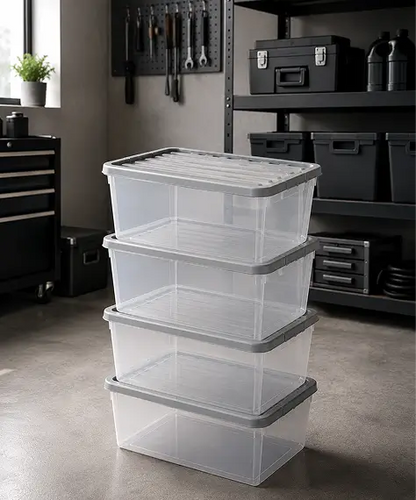 Set of 4 Underbed 32L Plastic Storage Containers – Home & Office Organisers with Silver Lids
