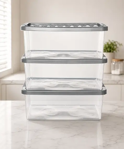 Pack of 3 Underbed 32L Clear Plastic Storage Boxes – Space-Saving Containers with Silver Lids
