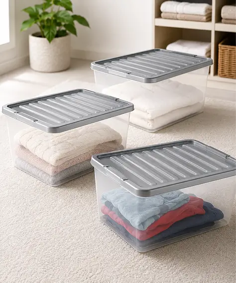 Pack of 3 Underbed 32L Clear Plastic Storage Boxes – Space-Saving Containers with Silver Lids