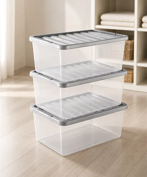 Pack of 3 Underbed 32L Clear Plastic Storage Boxes – Space-Saving Containers with Silver Lids