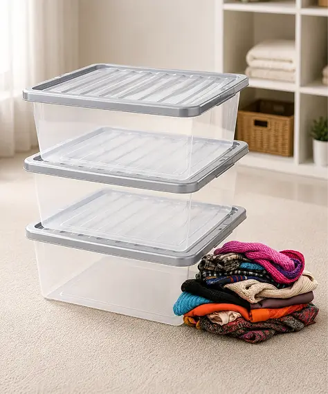 Set of 3 Large 62L Clear Plastic Storage Boxes – Home & Office Containers with Silver Lids