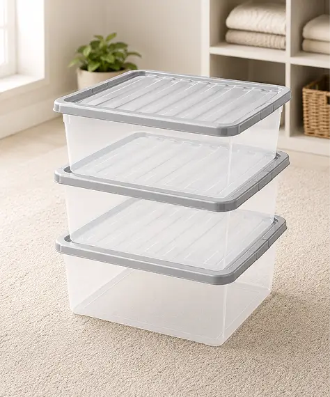 Set of 3 Large 62L Clear Plastic Storage Boxes – Home & Office Containers with Silver Lids