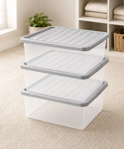 Set of 3 Large 62L Clear Plastic Storage Boxes – Home & Office Containers with Silver Lids