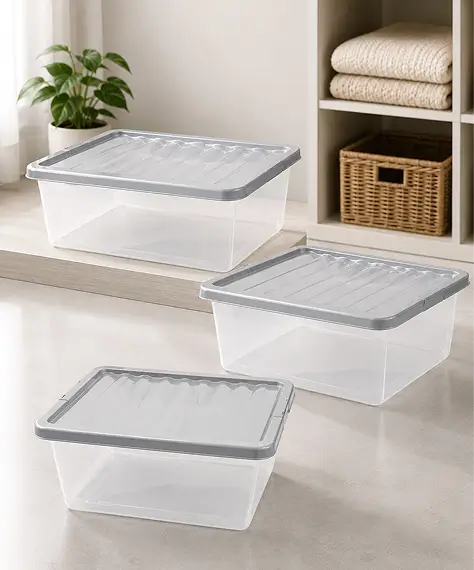 Set of 3 Large 62L Clear Plastic Storage Boxes – Home & Office Containers with Silver Lids