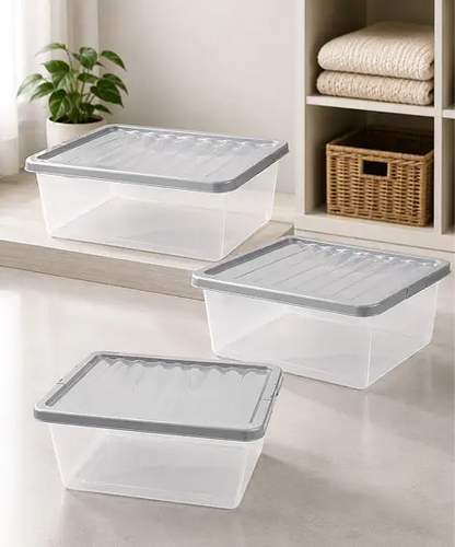 Set of 3 Large 62L Clear Plastic Storage Boxes – Home & Office Containers with Silver Lids