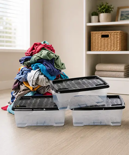 Set of 4 Clear 30L Curve Underbed Storage Boxes – Plastic Household Containers with Black Lids