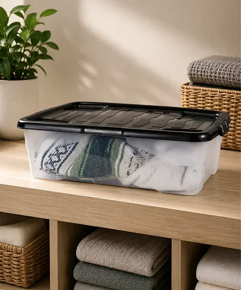 Set of 4 Clear 30L Curve Underbed Storage Boxes – Plastic Household Containers with Black Lids