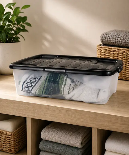 Set of 4 Clear 30L Curve Underbed Storage Boxes – Plastic Household Containers with Black Lids