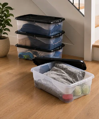 Set of 4 Clear 30L Curve Underbed Storage Boxes – Plastic Household Containers with Black Lids