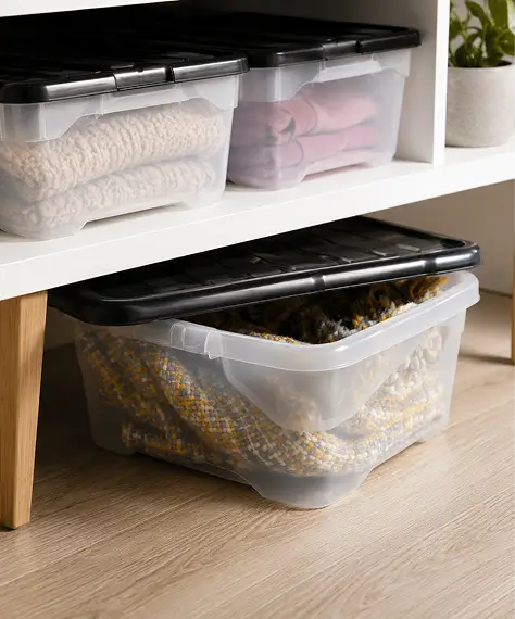 Set of 4 Clear 30L Curve Underbed Storage Boxes – Plastic Household Containers with Black Lids