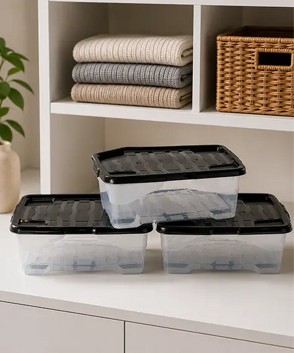 Set of 4 Clear 30L Curve Underbed Storage Boxes – Plastic Household Containers with Black Lids