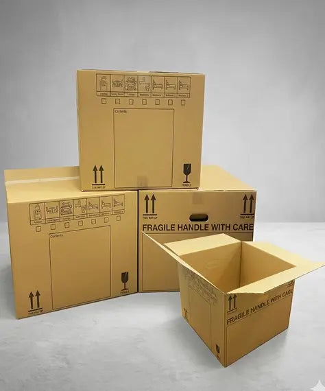 Extra Large & Medium Printed House Removal Boxes – Strong Cardboard Moving Boxes with Carry Handles
