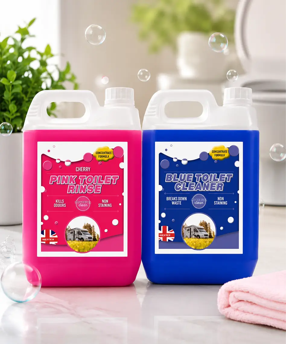 2 x 2.5L Pink & Blue Caravan Toilet Fluid Combo Pack – Waste Treatment & Rinse Disinfectant for Motorhomes & Portable Toilets