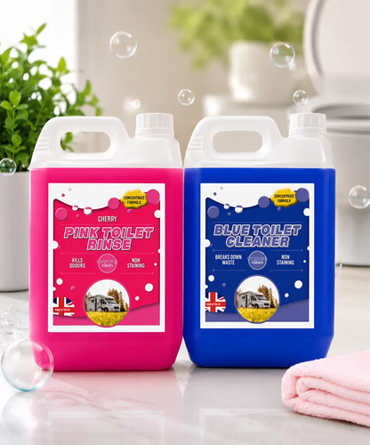 2 x 2.5L Pink & Blue Caravan Toilet Fluid Combo Pack – Waste Treatment & Rinse Disinfectant for Motorhomes & Portable Toilets