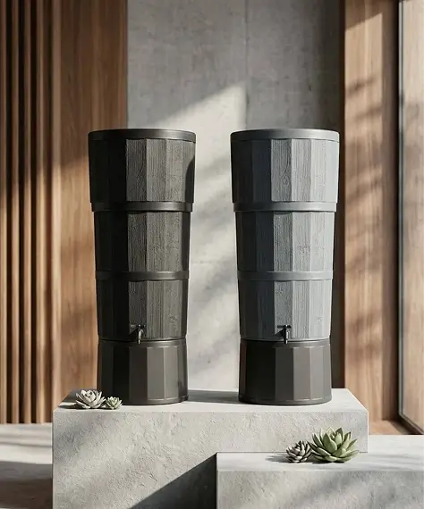 150L Large Oak Wood-Effect Premium Water Butt – Complete Rainwater Collector with Stand, Tap, Diverter & Lid