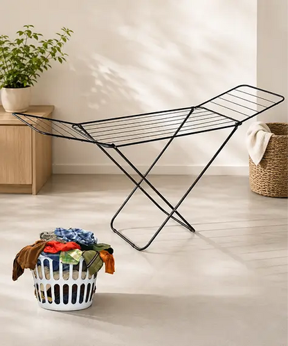 Foldable Black Winged Clothes Drying Rack – Metal Airer for Indoor & Outdoor Use