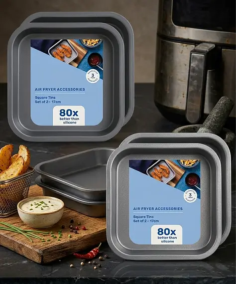 17cm Non-Stick Carbon Steel Air Fryer Tin – Square Baking & Roasting Tray