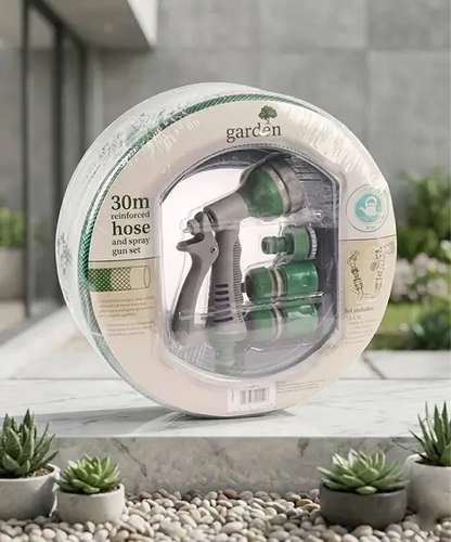 30m Green PVC Garden Hose with Spray Nozzle – Flexible 98ft Watering Hose for Plants & Garden Care