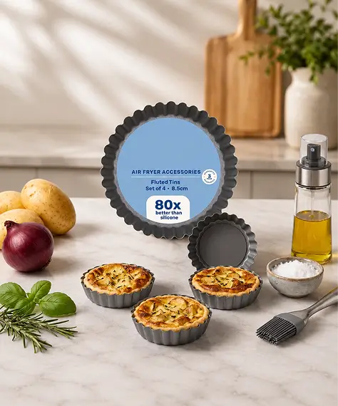 8.5cm Round Fluted Air Fryer Baking Tin – Non-Stick Carbon Steel Roasting Pan
