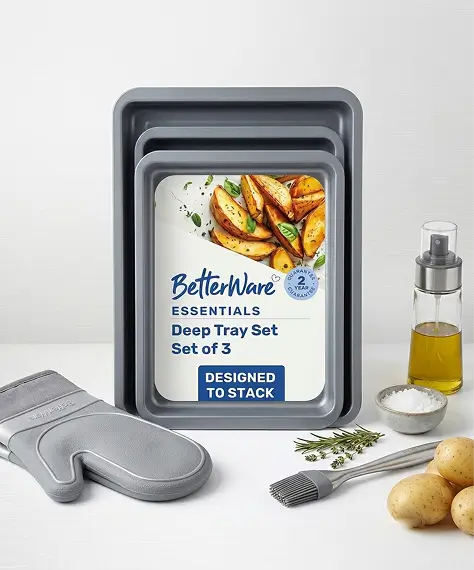 3 Piece Deep Baking Tray Set – Stackable Non-Stick Oven Trays