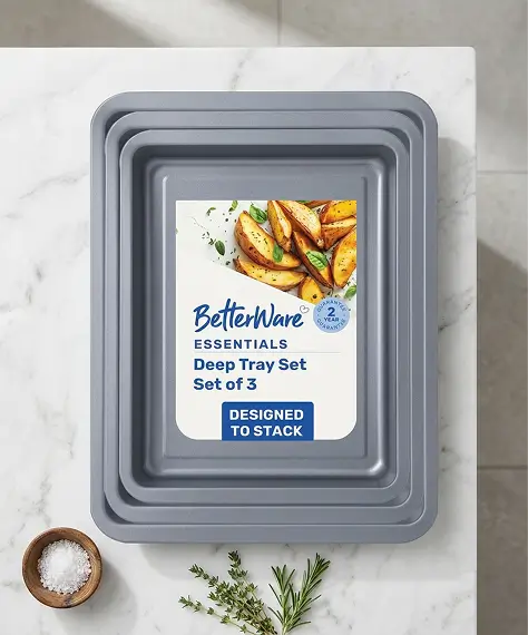 3 Piece Deep Baking Tray Set – Stackable Non-Stick Oven Trays