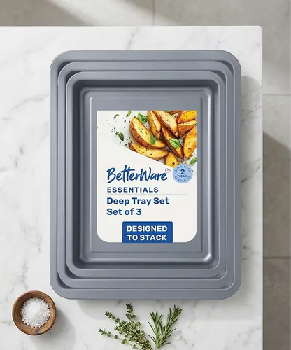 3 Piece Deep Baking Tray Set – Stackable Non-Stick Oven Trays