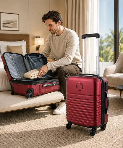 Lightweight Cabin Size Burgundy Travel Suitcase with Wheels & Combination Lock
