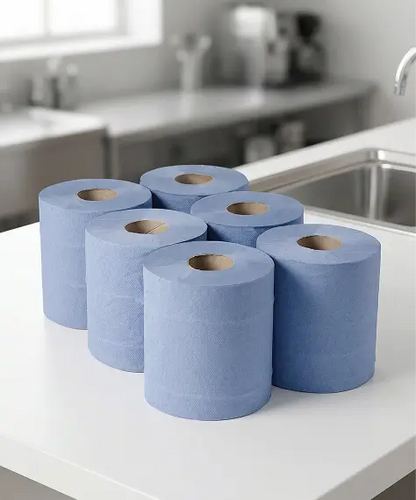 Multipurpose 2-Ply Embossed Blue Centrefeed Cleaning Rolls – Strong & Absorbent Paper Towels