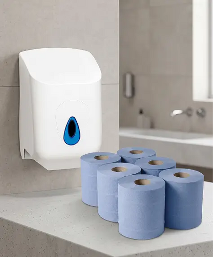 6 Blue Centrefeed Cleaning Rolls with Wall-Mounted Dispenser – 2-Ply & Highly Absorbent