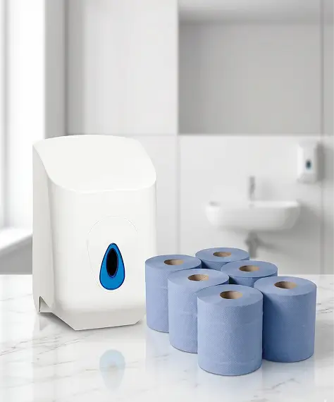 6 Blue Centrefeed Cleaning Rolls with Wall-Mounted Dispenser – 2-Ply & Highly Absorbent