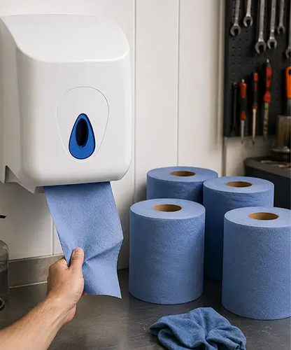 6 Blue Centrefeed Cleaning Rolls with Wall-Mounted Dispenser – 2-Ply & Highly Absorbent