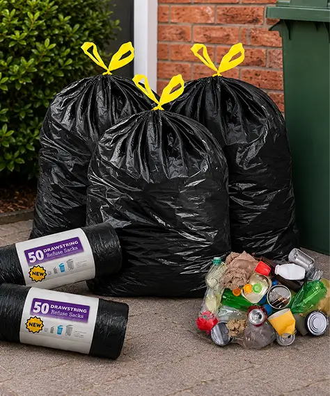 120L Easy Tie Drawstring Black Refuse Sacks – Strong Home, Garden & Office Waste Bags