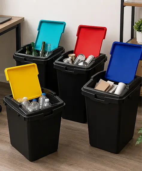 40L Black Plastic Recycling Bin with Colour Coded Swing Lid – Waste Separation Bin