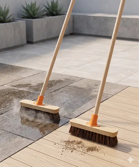 Heavy Duty Stiff Deck Scrub Brush with Wooden Handle for Outdoor Cleaning