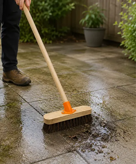 Heavy Duty Stiff Deck Scrub Brush with Wooden Handle for Outdoor Cleaning